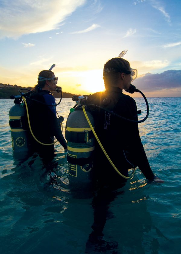 Divers walking into the water