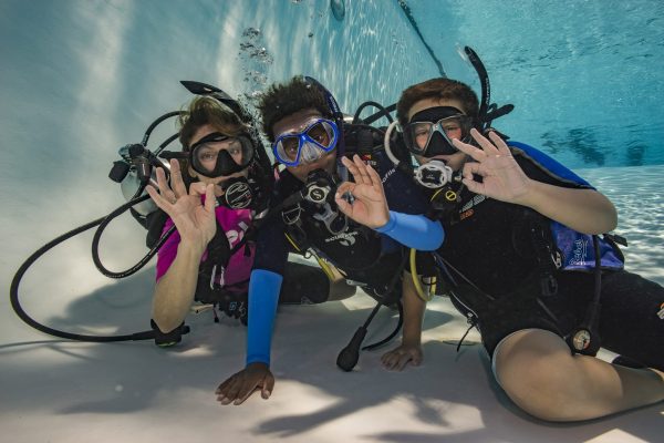 3 bubble makers having fun under water learning to scuba dive. Experience scuba diving